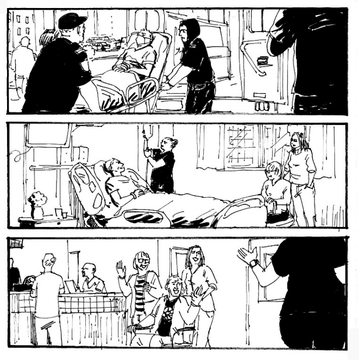 A comic strip of a patient entering, being treated, and then leaving a hospital