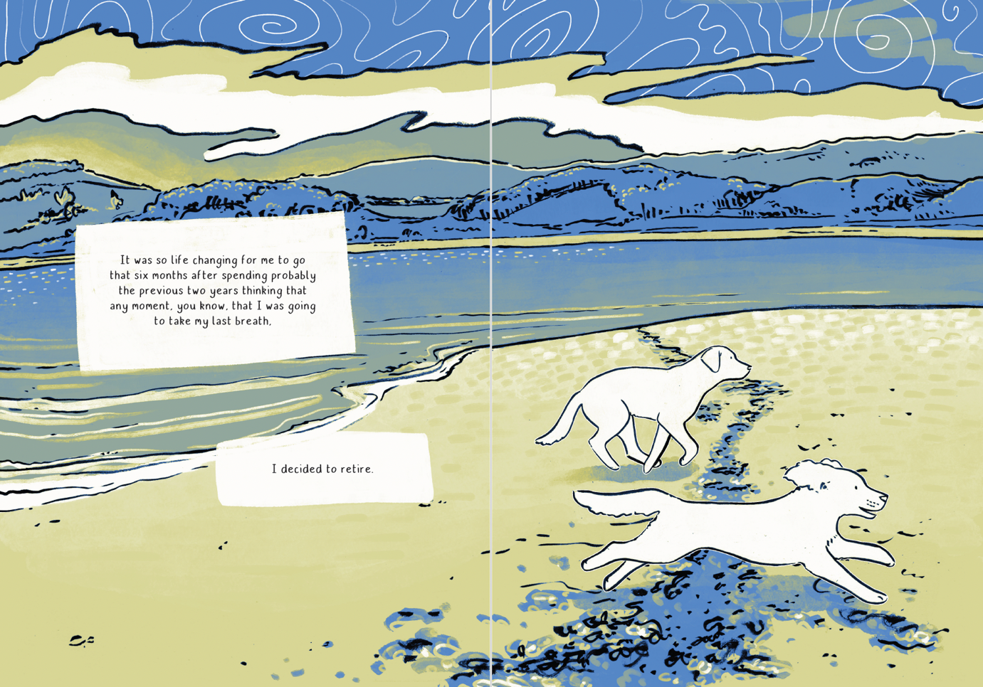 A drawing of dogs running on a beach Description automatically generated