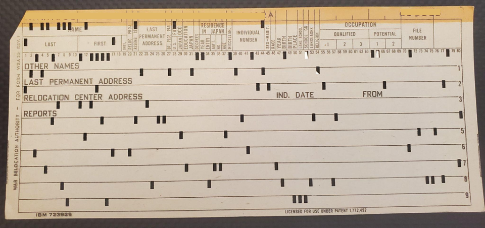 War Relocation Authority Computer Punch Card