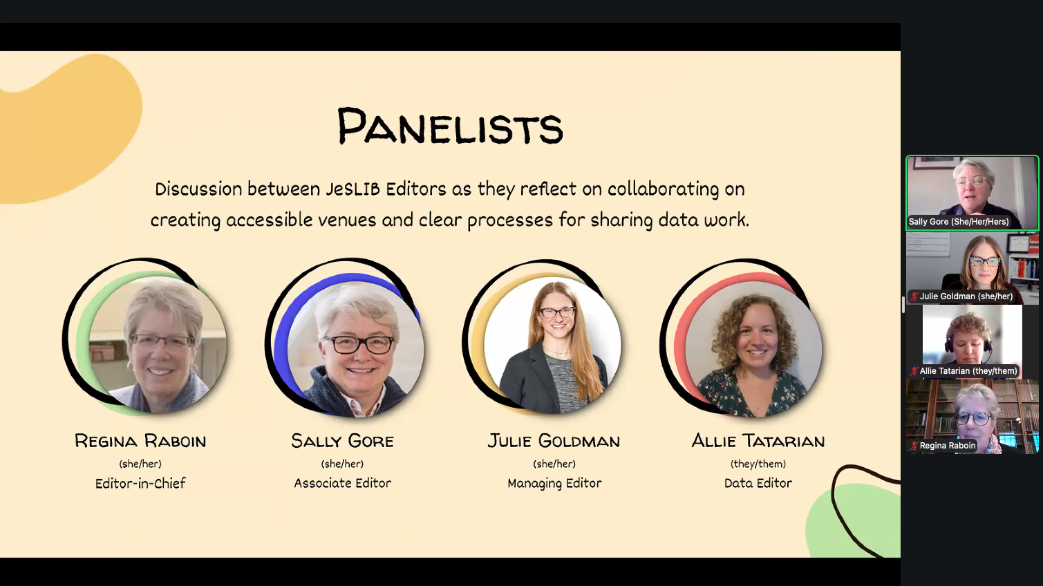 Screenshot of the JeSLIB Editors participating on a virtual panel at RDAP Summit on April 16, 2026.